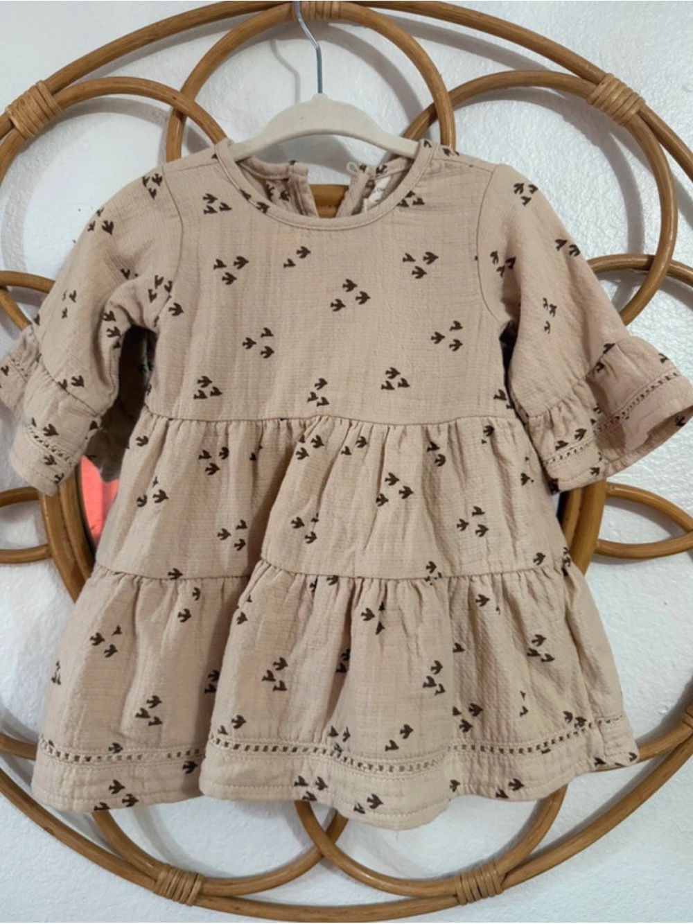 Quincy Mae Beige Tiered Baby Dress with Bird Print